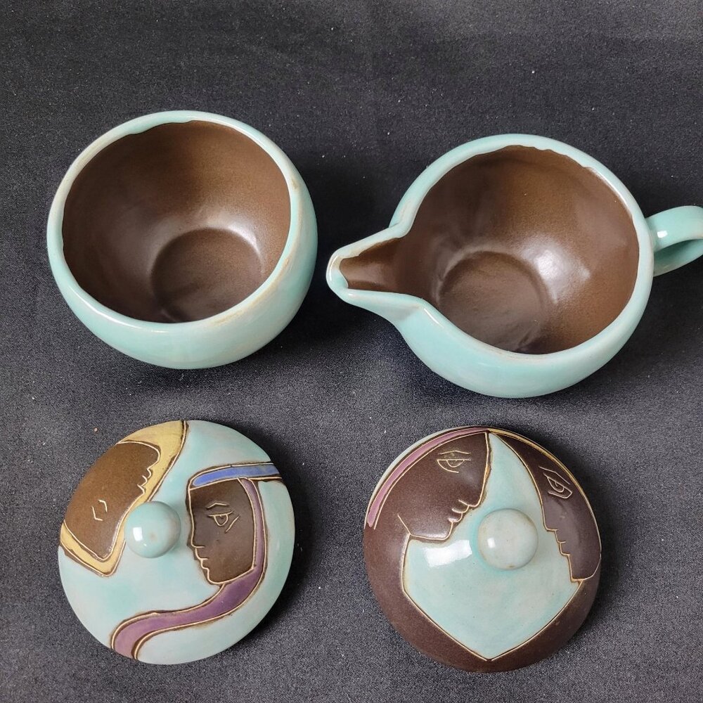 Designed By Mara Of Mexico Stoneware Women & Woman / Man Covered Cream and Sugar